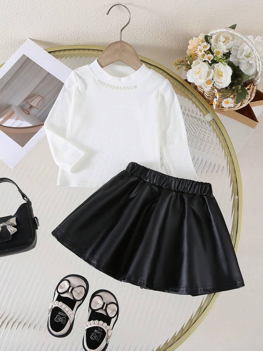 SHEIN 女婴可爱休闲百搭黑色PU皮迷你裙 - 黑色 - 查看 1