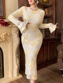 DAZY Elegant Floral Print Round Neck Flare Sleeve Slit Dress For Women, Spring/Summer Maxi Dress - Apricot - View 2