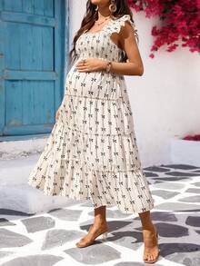 SHEIN 孕妇夏季度假休闲印花宽松连衣裙 - 卡其色 - 查看 1