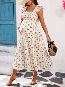 SHEIN 孕妇夏季度假休闲印花宽松连衣裙 - 卡其色 - 查看 7
