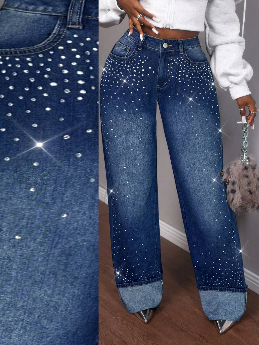 Slaydiva Quần jean denim nữ thời trang thường ngày, đính đá lấp lánh, túi xéo, chất liệu denim mài. - Rửa tối - Xem 1