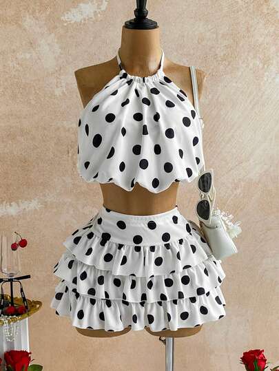 Soleia Women's Polka Dot Halter Crop Top And Cake Midi Skirt Fashion 2-Piece Set,Carnival,, Weddings & Events