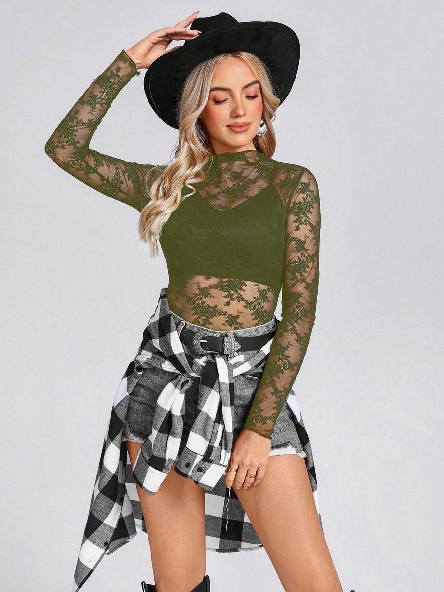 Wildy BOHO Summer Black Mesh Sheer Lace American Country Music Festival Blouse For Women See Through Top Lace Long Sleeve See Through Tops Lacey Top Sexy Women Clothes - Army Green - View 1