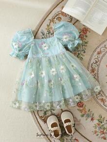 Cozy Pixies 女童柔软薄纱花朵刺绣圆领泡泡袖收腰可爱公主蓬蓬裙，百搭舒适，甜美可爱，公主风，适合婚礼、派对、假日、外出等场合，优雅可爱，街头风，多场合皆宜。 - 薄荷綠 - 查看 3