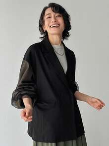 FRIFUL 女士翻领撞色网纱灯笼袖双排扣休闲西装外套