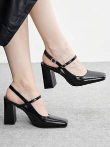 CUCCOO BIZCHIC Giày nữ mũi vuông gót chunky bằng chất liệu PU, trang trí khóa cài, thiết kế tối giản thời trang, thoải mái cho sử dụng hàng ngày, dự tiệc và các sự kiện. - màu đen - Xem 1
