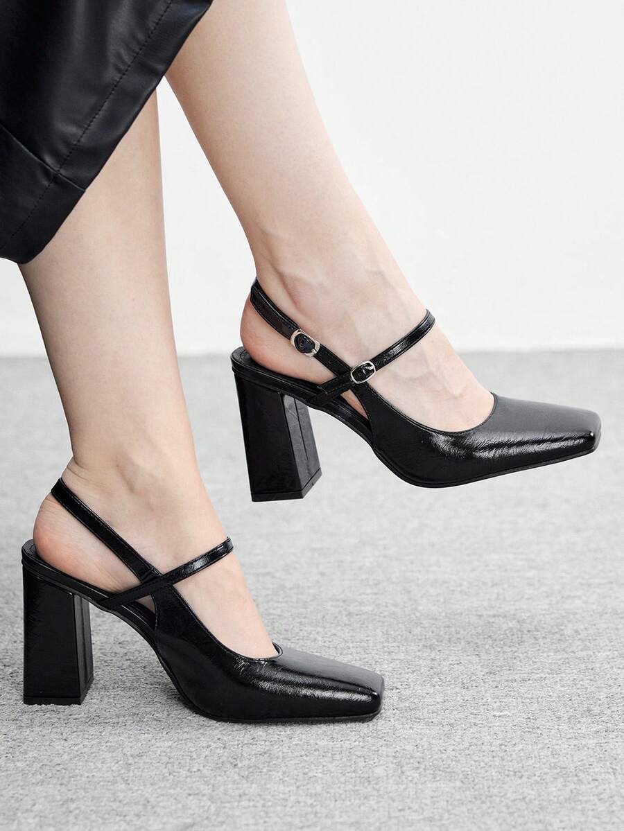 CUCCOO BIZCHIC Giày nữ mũi vuông gót chunky bằng chất liệu PU, trang trí khóa cài, thiết kế tối giản thời trang, thoải mái cho sử dụng hàng ngày, dự tiệc và các sự kiện. - màu đen - Xem 1