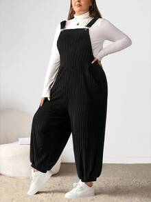 Enliva 大码灰色弹力羊毛罗纹针织背带裤，秋冬款 - 黑色 - 查看 8