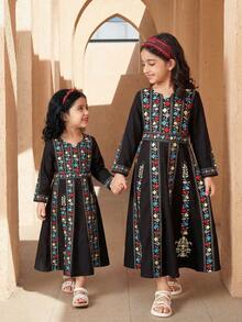 Abaya Style Dress For Young Girl: Black Base With Colorful Embroidered Geometric & Floral Retro Prints, Retro Patterns With Contrast Colors, Waist Belt Design, Suitable For Daily Wear And Festivals, Traditional & Elegant Arab/Middle Eastern Style Jalabiya/Abaya/Caftan Islamic Clothing Girls Kids Black Abaya Abaya Sets Girls Abayas For Kids - Black - View 3