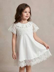 PrepCrw 1pc Young Girls Elegant White Summer Flower Girl Lace Embroidered Decor Collar Short Sleeve Knit Dress,Suitable For Wedding,Party,Festival Outings - White - View 4