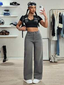 Jeanoix 女士高腰口袋阔腿宽松休闲牛仔裤 - 灰色 - 查看 6