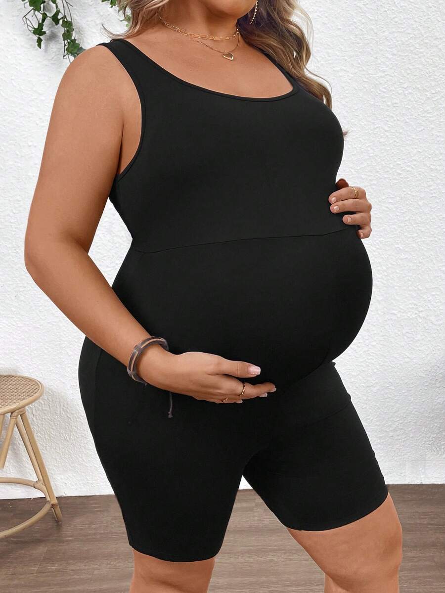 Plussiva 孕妇加大码纯色圆领无袖连体裤,夏季 - 黑色 - 查看 1