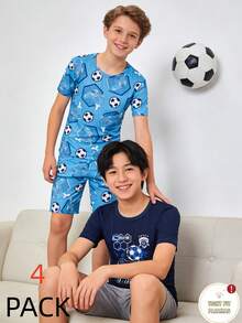 两套男童贴身睡衣，两种款式可选：海军蓝足球游戏元素款和浅蓝色足球控制器印花款，搭配同款短裤，酷炫的电竞和运动风设计，柔软弹力面料，穿着舒适，适合小男孩，可机洗。 - 彩色 - 查看 6