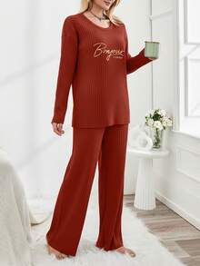 EURMUSE Women's Letter Print Drop Shoulder Long Sleeve Top And Pants Pajama Set - Red - View 4