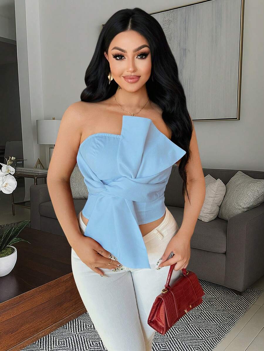 Vavine 女士修身蝴蝶结装饰短款吊带背心 - 淺藍色 - 查看 1