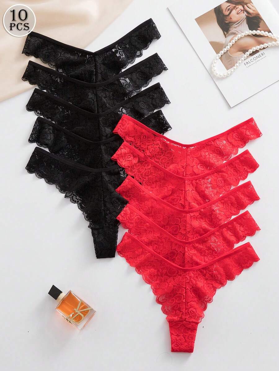 SHEIN 10 chiếc/gói quần lót dây ren nữ, đồ lót thanh lịch và thoải mái, phối màu đen và đỏ. - Nhiều màu - Xem 1
