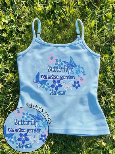 Glimmora Floral Print Digital Rhinestone Decor Minimalist Camisole, A Gift For Friends