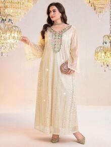 Al Najma Plus Size Women's Metallic Polka Dot V-Neck Long Sleeve Elegant Arabic Style Dress - Gold - View 7