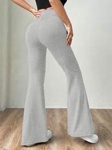 SHEIN EZwear Grey Knit Women's Skinny Flare Pants Wide Leg Sweatpants High Waist Pants Flared Leggings For Women Stretchy Pants Flare Sweat Pants - Grey - View 2