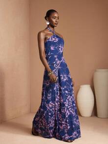 JIAN LASALA All-Over Floral Print Mesh Halter Neck Tie Backless Women Elegant Maxi Dress - Multicolor - View 4