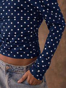 SHEIN BAE Women's Polka Dot Print Ruched Asymmetric Collar Long Sleeve T-Shirt - Navy Blue - View 4