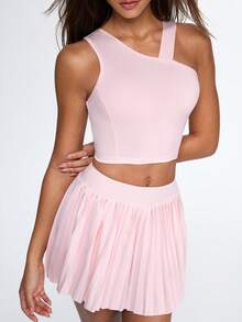 Eassivo Eassivo Women's One‑Shoulder Crop Top & Pleated Tennis Skirt Set,Asymmetric Strappy Top, Flared Pleated Mini Skirt,Athletic Skirt Sets - Pink - View 3