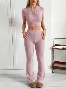SHEIN EZwear Fashionable Sexy Solid Color Round Neck Raglan Short Sleeve Fitted Ribbed Sweater Set - Dusty Pink - View 4