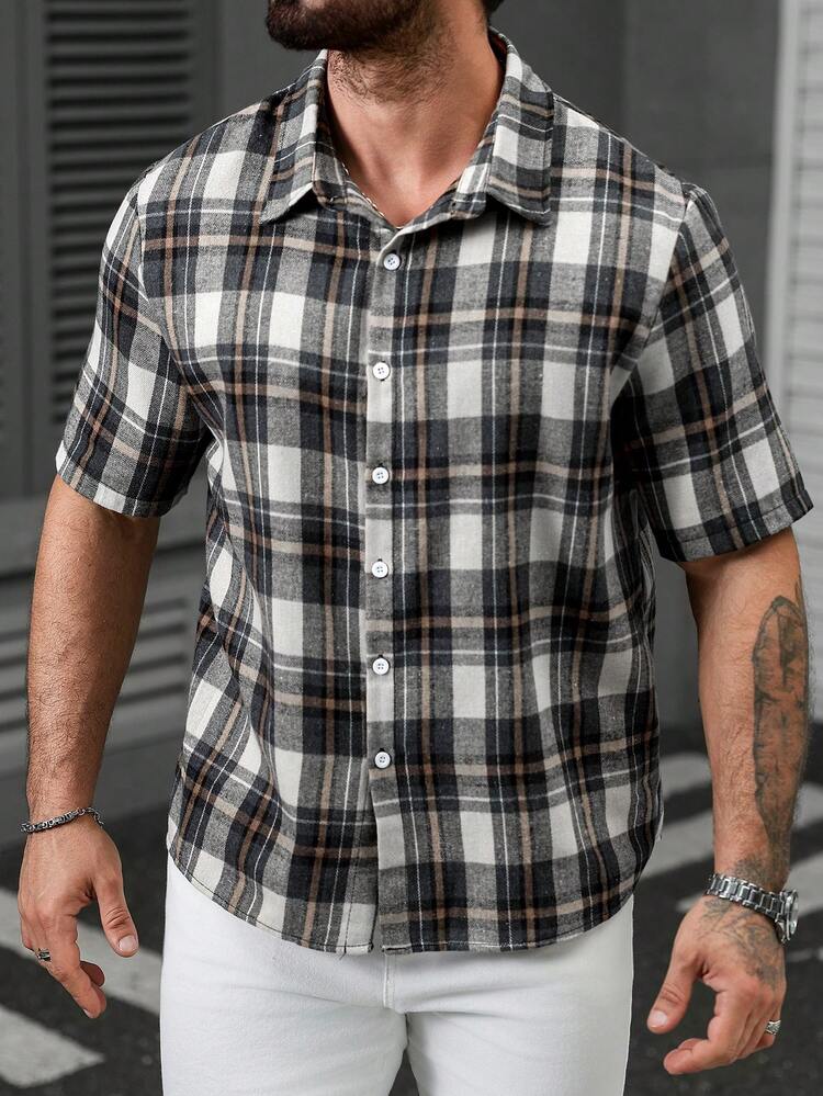 Manfinity Homme Plus Size Men's Casual Plaid Short Sleeve Shirt, Summer Short Sleeve Plaid Shirt Checkered Shirt Men Shirts Plaid - Multicolor - View 4