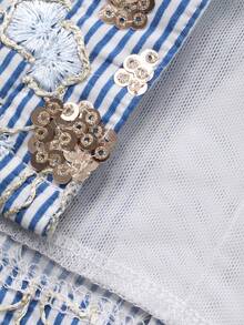 Livesso 亮片宽松休闲商务办公街头纹理条纹沙滩度假设计蓝色长袖女式衬衫，春夏款 - 藍色 - 查看 7