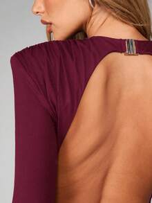 MISSGUIDED Đầm ngắn tay dài có đệm vai, thiết kế hở lưng, ôm sát, thích hợp cho mùa thu đông, dự tiệc. - Màu Đỏ Sâu - Xem 6