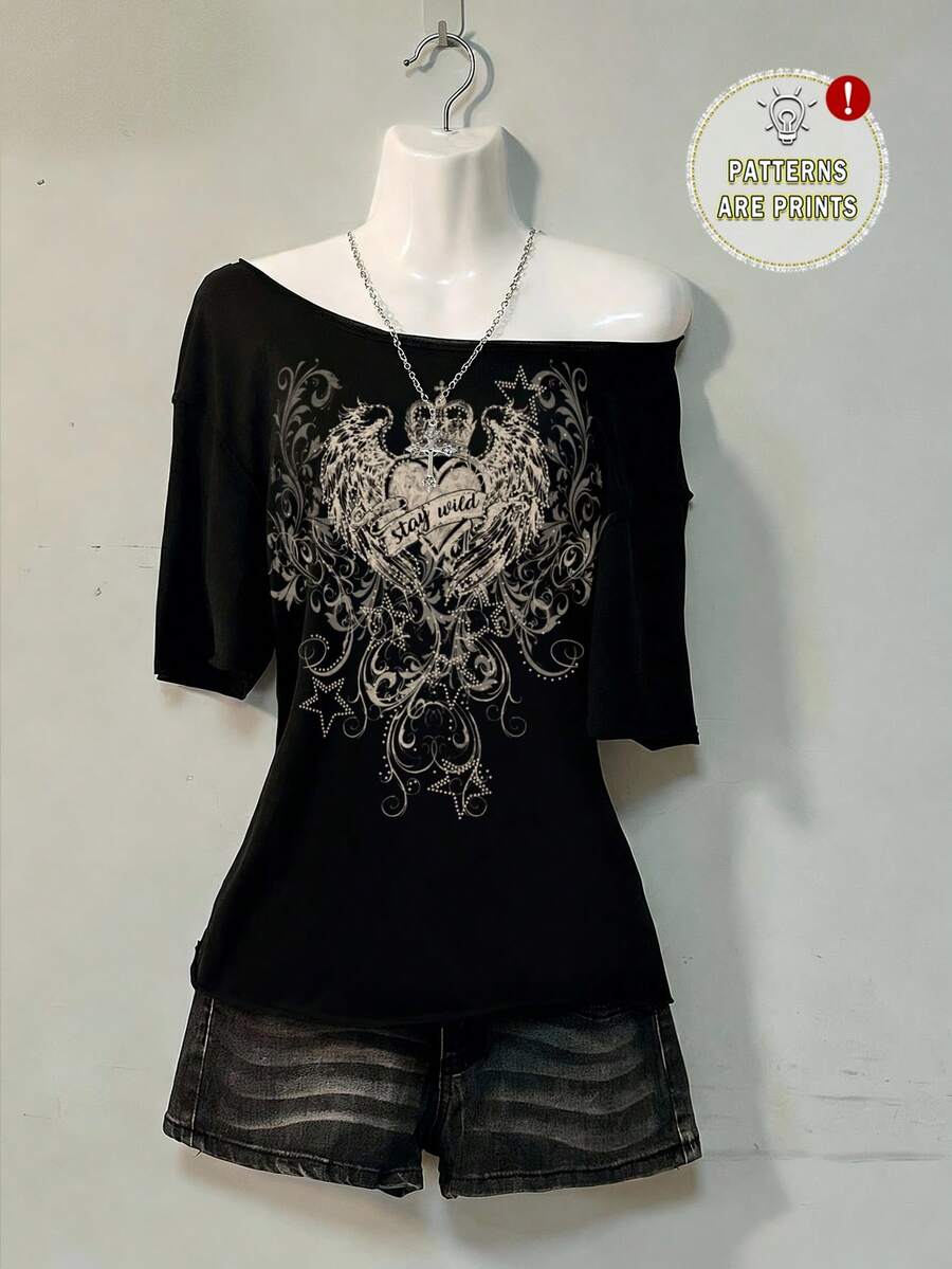 Attitoon Casual Loose Fit Women T-Shirt With Heart Wing Print, Suitable For Summer Spring - Black - View 1