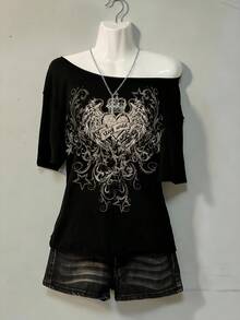 Attitoon Casual Loose Fit Women T-Shirt With Heart Wing Print, Suitable For Summer Spring - Black - View 3