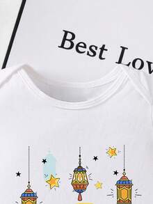 Ramadan Baby Boy Comfortable Short Sleeve Romper, Suitable For Parties And Gatherings, Moon Lantern 1st Birthday Pattern, Lightweight And Comfortable For Spring/Summer, Fashionable Casual Wear For Spring/Summer, Street Style, Outdoor Picnics, Festivals, Gifts - White - View 4