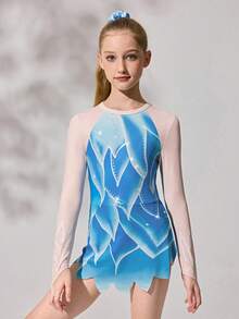 Bộ đồ thể thao liền thân cho bé gái tuổi teen, có các mảng lưới, họa tiết hoa màu xanh dương, mềm mại và thân thiện với da, phù hợp cho thể dục dụng cụ, múa ba lê, yoga, tập luyện thi đấu, đồ tập nhảy co giãn. - Màu xanh nhạt - Xem 3