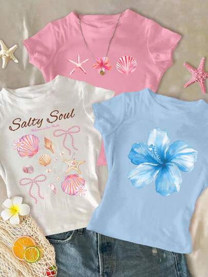 Veykashi 3pcs/Set Women Floral Print Crew Neck Casual Fitted Long Sleeve T-Shirt Set, Light Blue, Light Pink, White, Suitable For Summer