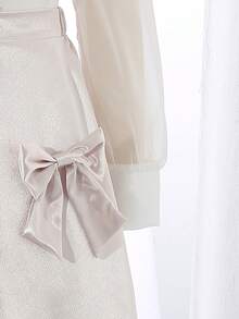 2pcs Girls' Outfit Set: White Woven Blouse With Elegant Chiffon Sleeve & Embroidery Decor, Paired With Satin Skirt, Suitable For Daily Wear, Birthday, Events & Parties White Dress For Girl With Long Sleeve Teen Girls Elegant Long Sleeve Dresses White Modest Dress For Tweens Formal White Dress For Girls - Gold - View 4