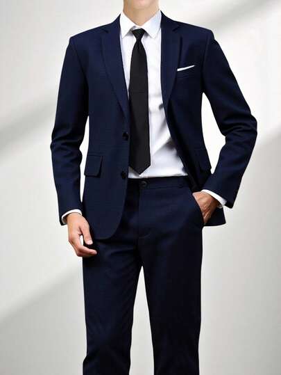 SHEIN 两件套青少年男士绅士西装，修身西装外套+西裤，高品质混纺面料，优雅正式，适合春夏、生日派对、晚宴、演出、主持、婚礼季、情人节、生日、婚礼、毕业典礼等场合。