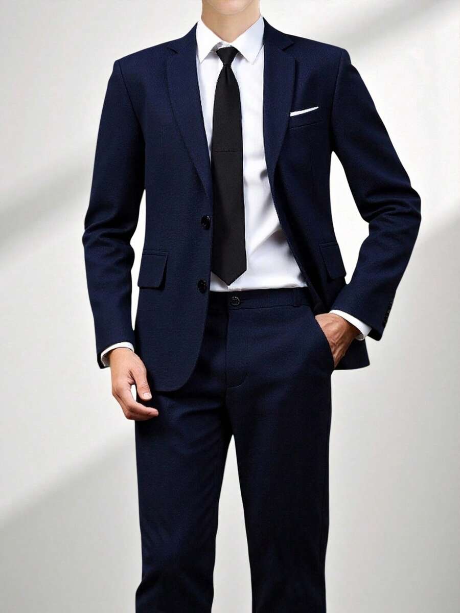 SHEIN 2pcs/Set Teen Boy Gentleman Suit, Slim Fit Blazer Jacket + Trousers, High-Quality Blended Fabric, Elegant, Formal Outfit Suitable For Spring/Summer, Birthday Party, Evening Event, Performance, Hosting, Wedding Season, Valentine's Day, Birthday, Wedding, Graduation - Navy Blue - View 1