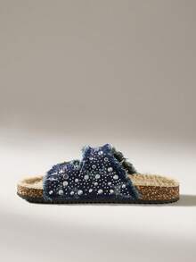 Solecia Women's Rhinestone Decor Buckle Thermal Lined Flat Sandals - Navy Blue - View 6