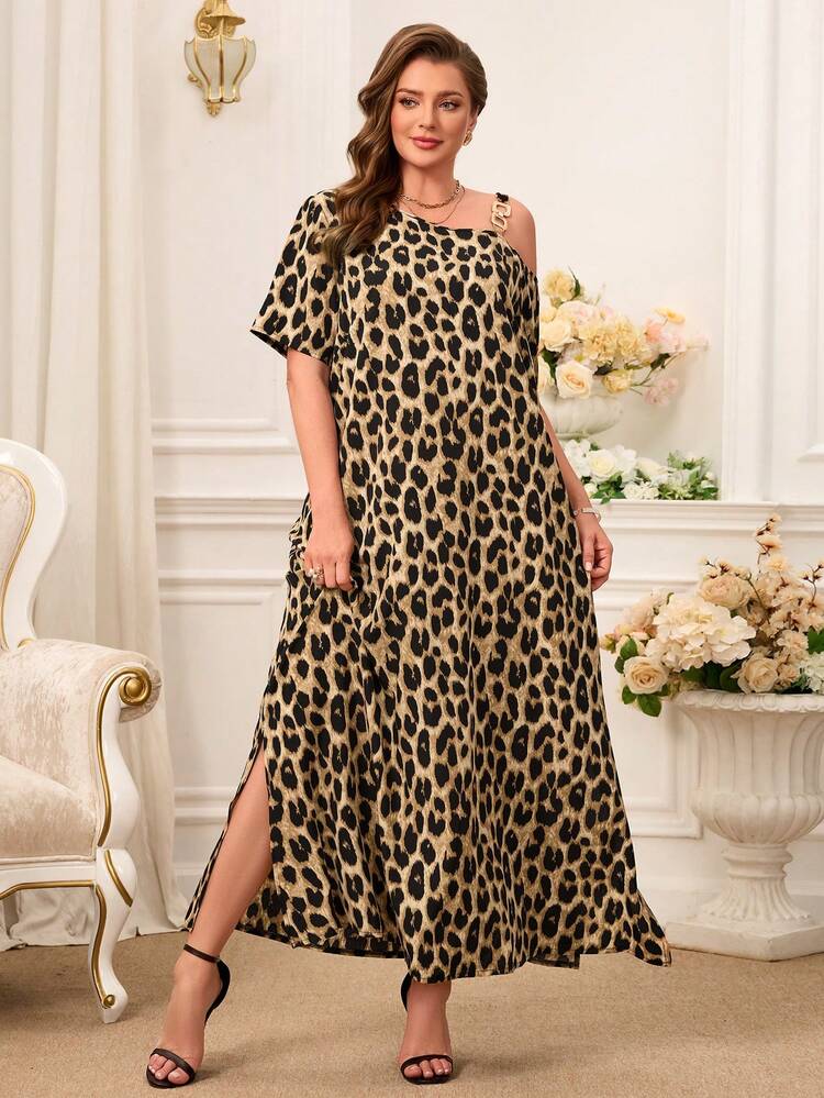 Plus Size Fashionable Leopard Print Asymmetric-Shoulder Slit Loose Dress For Summer Vacation Summer Outfits Beach Outfit For Women Summer Holiday Outfits Casual Outfit For Women Formal Attire For Women Elegant Long Dress