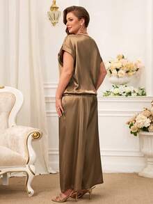 Miaspire Plus Size Women 2 Pieces Set: Satin Blouse + Trousers, Camel Color For Summer/ Vacation Plus Size Pants Set Brown Set Women Lounge Sets Plus Size Ladies Casual Sets, Summer Outfits - Camel - View 2