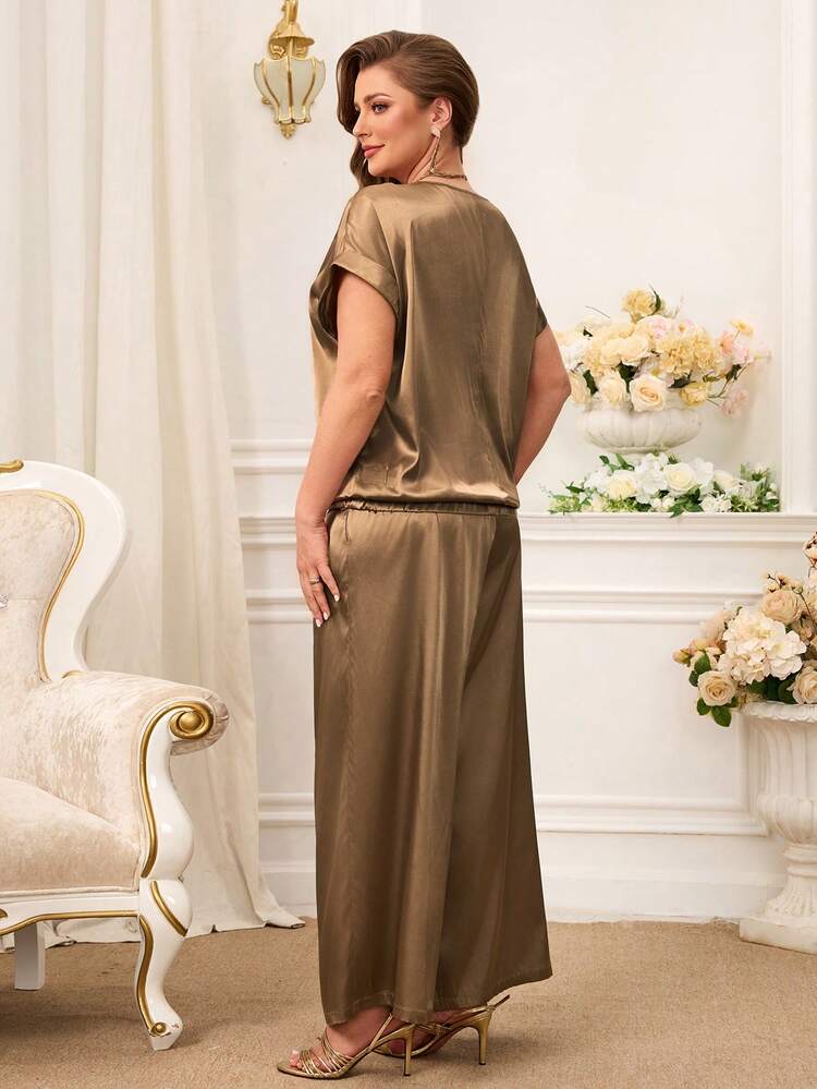 Plus Size Women 2 Pieces Set: Satin Blouse + Trousers, Camel Color For Summer/ Vacation Plus Size Pants Set Brown Set Women Lounge Sets Plus Size Ladies Casual Sets, Summer Outfits