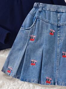 Tween Girl Shirt Style Top & Cherry Embroidered Denim Pleated Skirt Set - Multicolor - View 6