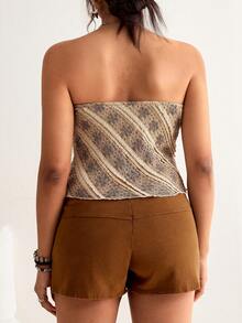 Freevana Plus Size Striped Lace Floral Bandeau Top, Twist Front Drawstring Asymmetrical Hem Design, Vintage Music Festival Wear, Unique Off-Shoulder Summer Top For Women, Summer Tops - Brown - View 2