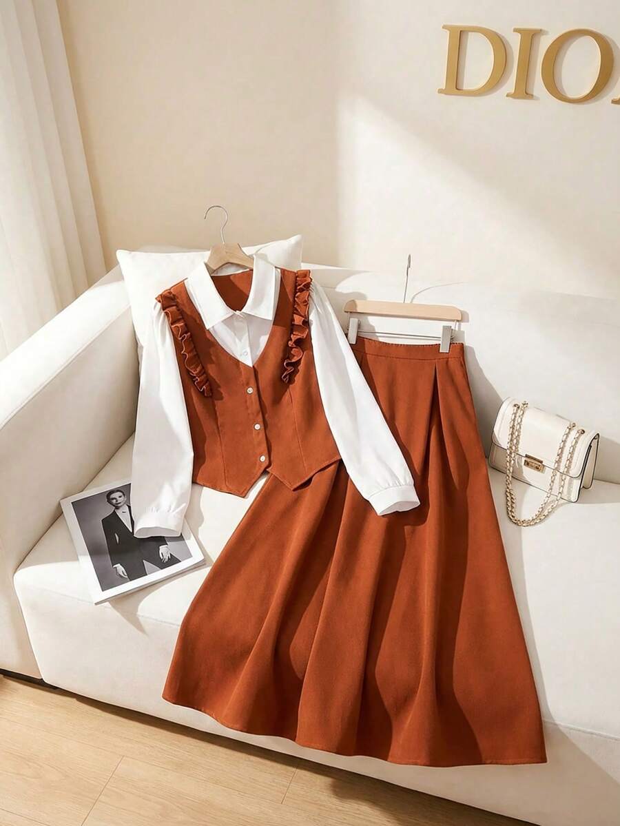 SHEIN Conjunto Elegante com Top de Manga Longa com Babados e Botões na Frente em Cores Contrastantes e Saia Mini Sólida para Adolescentes