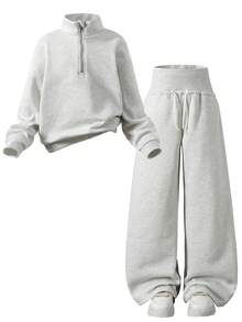 少女四分之一拉链宽松卫衣和休闲运动裤套装，返校季、秋冬季、舒适秋季、圣诞节、可爱休闲日常胶囊衣橱、Y2K街头风，灰色