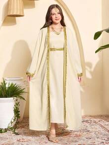 Teen Girl Elegant Patchwork Fringe Trim Bandeau Dress And Jacket Set - Apricot - View 6