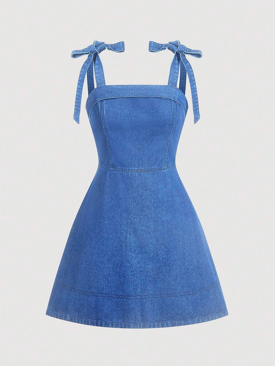 SHEIN MOD Đầm denim nữ kiểu dáng thường ngày với dây đeo vai thắt nút. - Rửa trung bình - Xem 1