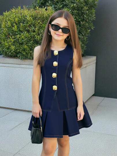 Firerie Kids Firerie Kids Conjunto informal de niña preadolescente con chaleco vaquero de un solo botonadura y falda mini plisada de mezclilla