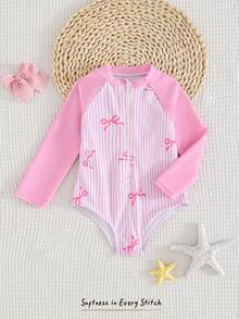 Cozy Pixies 女宝宝夏季度假沙滩拼接条纹蝴蝶结印花拉链半开襟连体泳衣